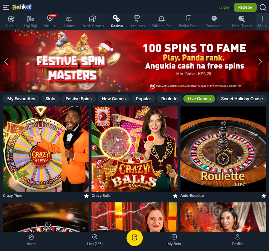 Betika Casino Live Games Screenshot